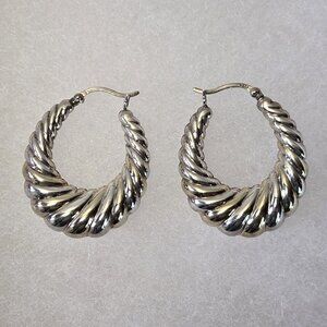 Silver and Gold Puffed Shrimp Oval Hoop Earrings